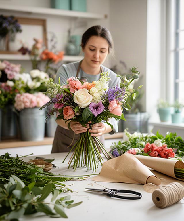 Fiorista che prepara un bouquet stagionale su un tavolo luminoso nell atelier di Bellinzago Novarese