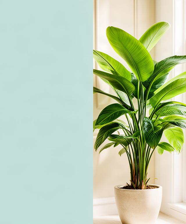 Pianta tropicale rigogliosa in un vaso chiaro accanto a una finestra luminosa