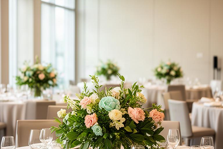 Composizioni floreali verdi e rosa su tavoli di una sala aziendale luminosa