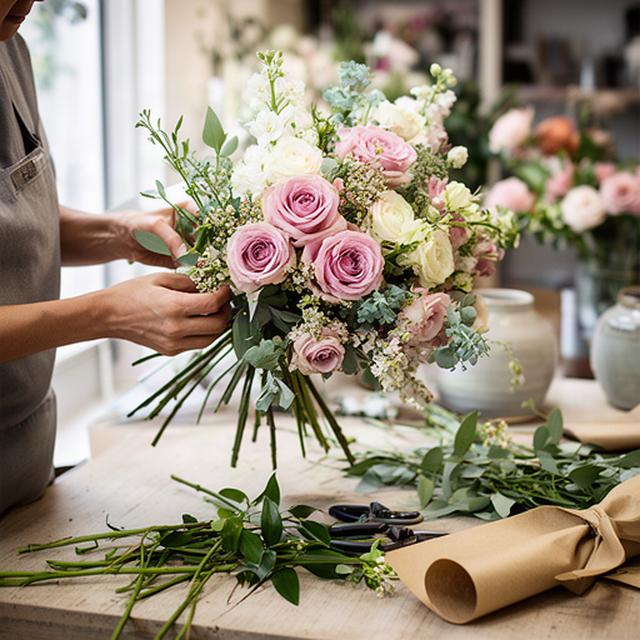 Fiorista che prepara un bouquet di rose e fiori stagionali su un banco luminoso a Bellinzago Novarese