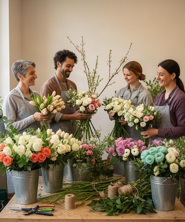 Team di fioristi italiani nell’atelier di Bellinzago Novarese tra secchi di fiori freschi