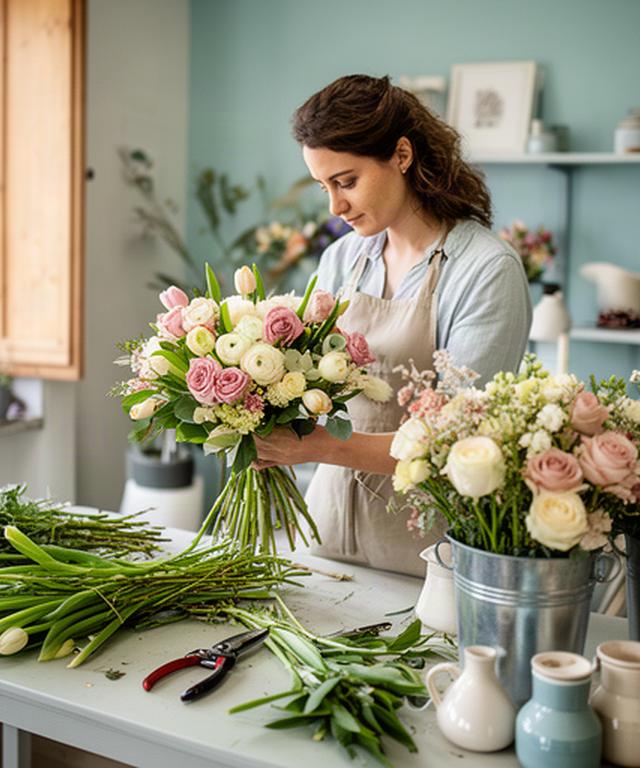 Fiorista al lavoro nell’atelier di Via Cameri mentre prepara un bouquet stagionale
